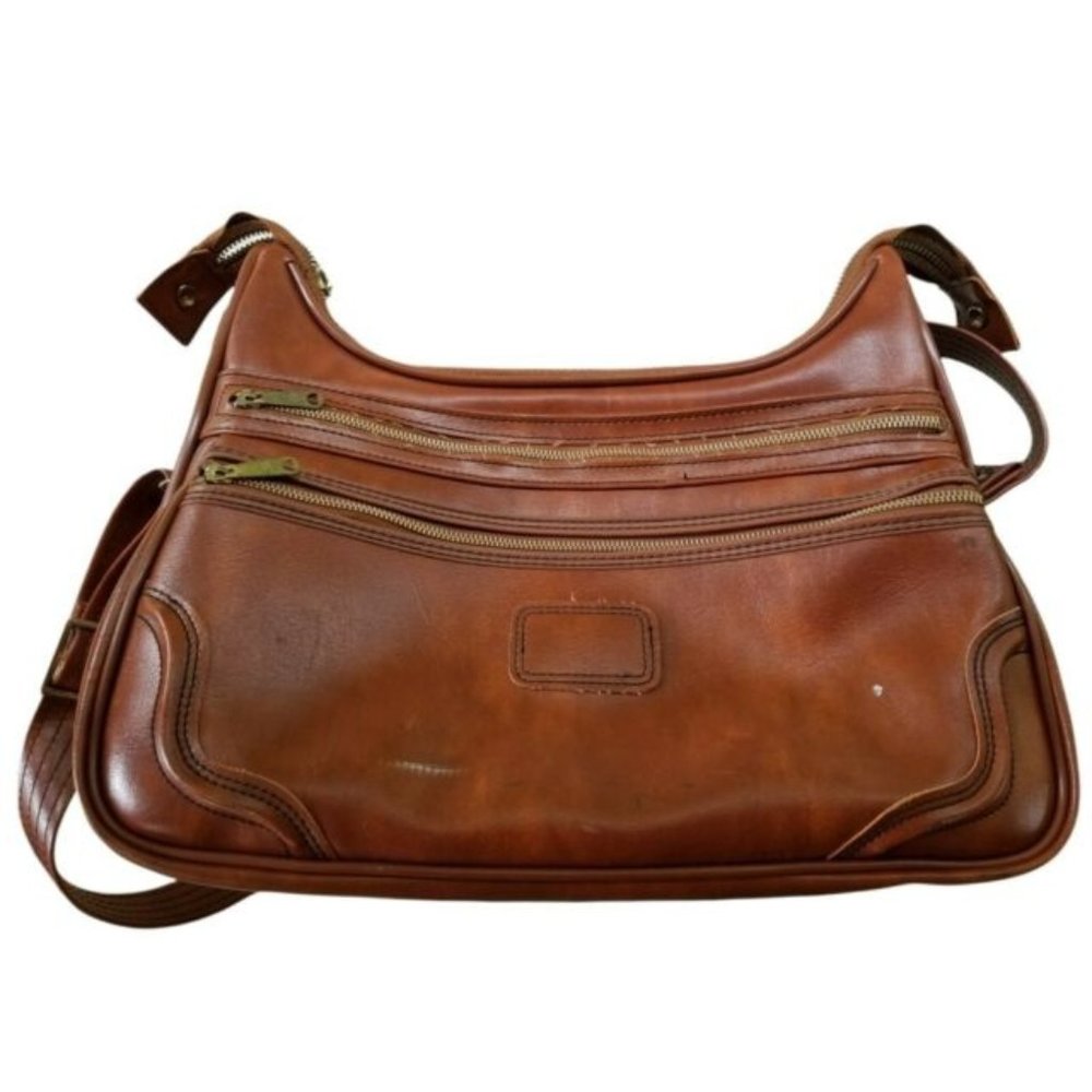 VTG SEARS Faux Leather Brown Overnight Travel Messenger Bag Vegan YKK Zipper